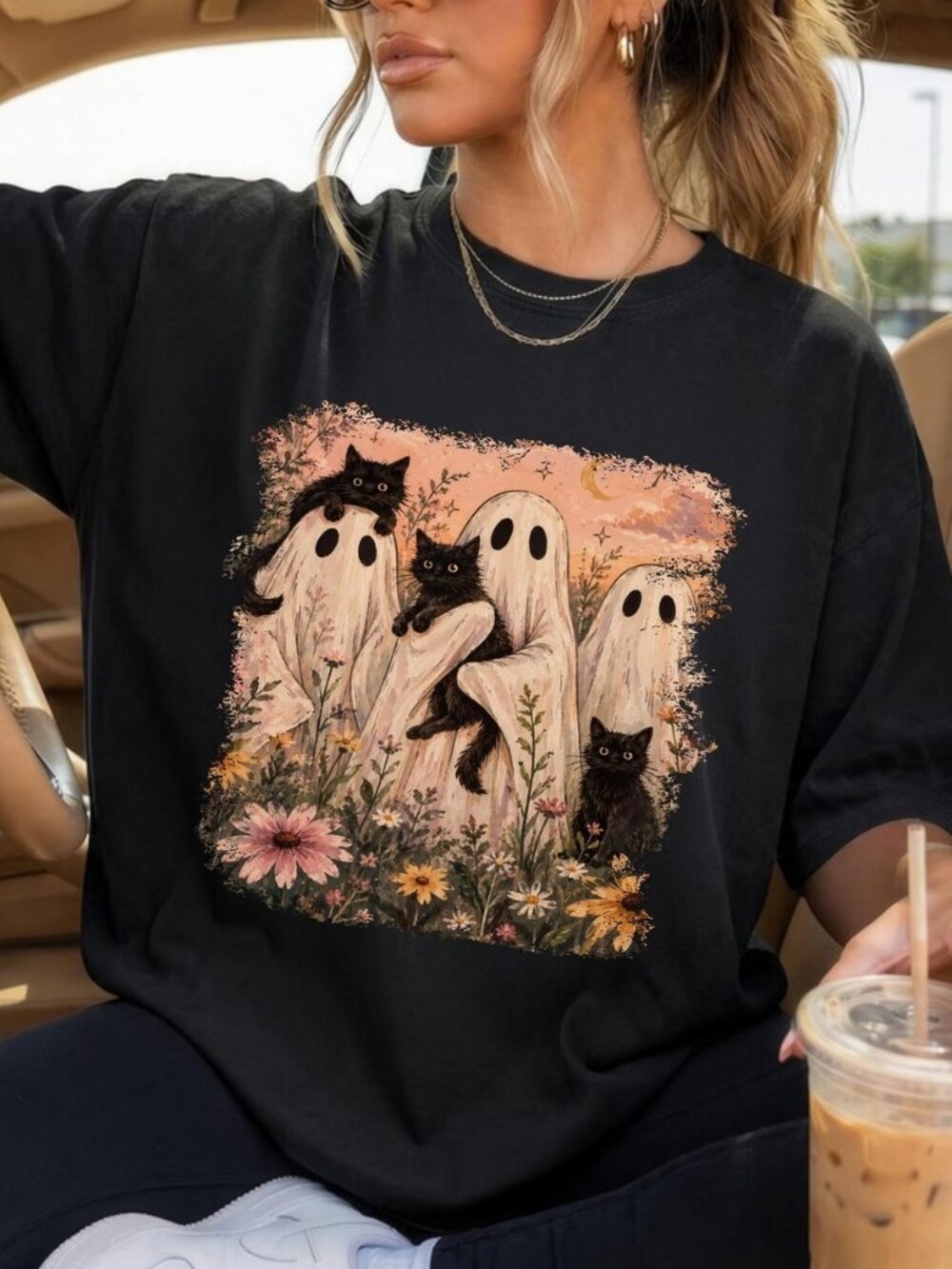 Ghost Cat Halloween Black Cat Graphic Tee